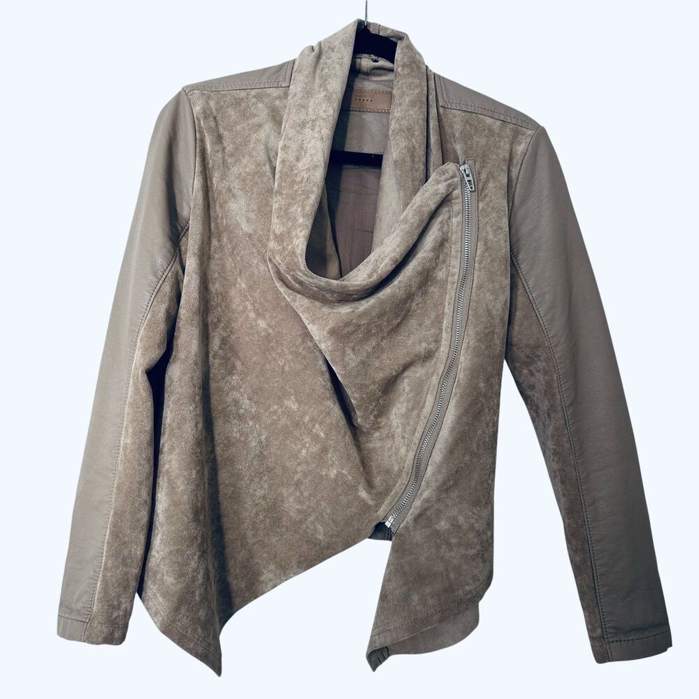 Anthropologie BlankNYC Faux Suede Leather Drapre Tan Moto Jacket XS Asymmetric